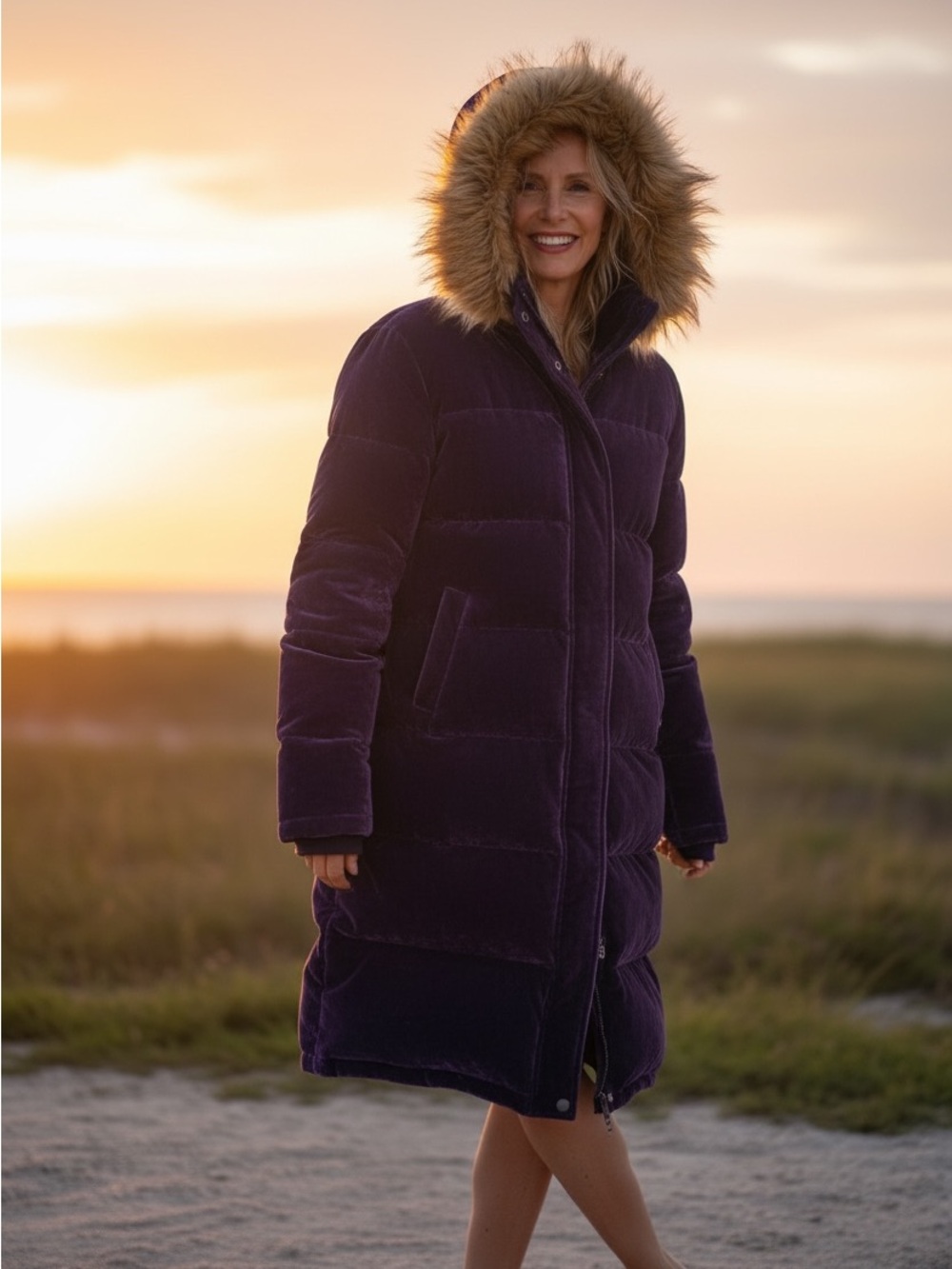 ParaJumpers Puffer Coat Purple Silk Velvet Quilted Down Fur Hood